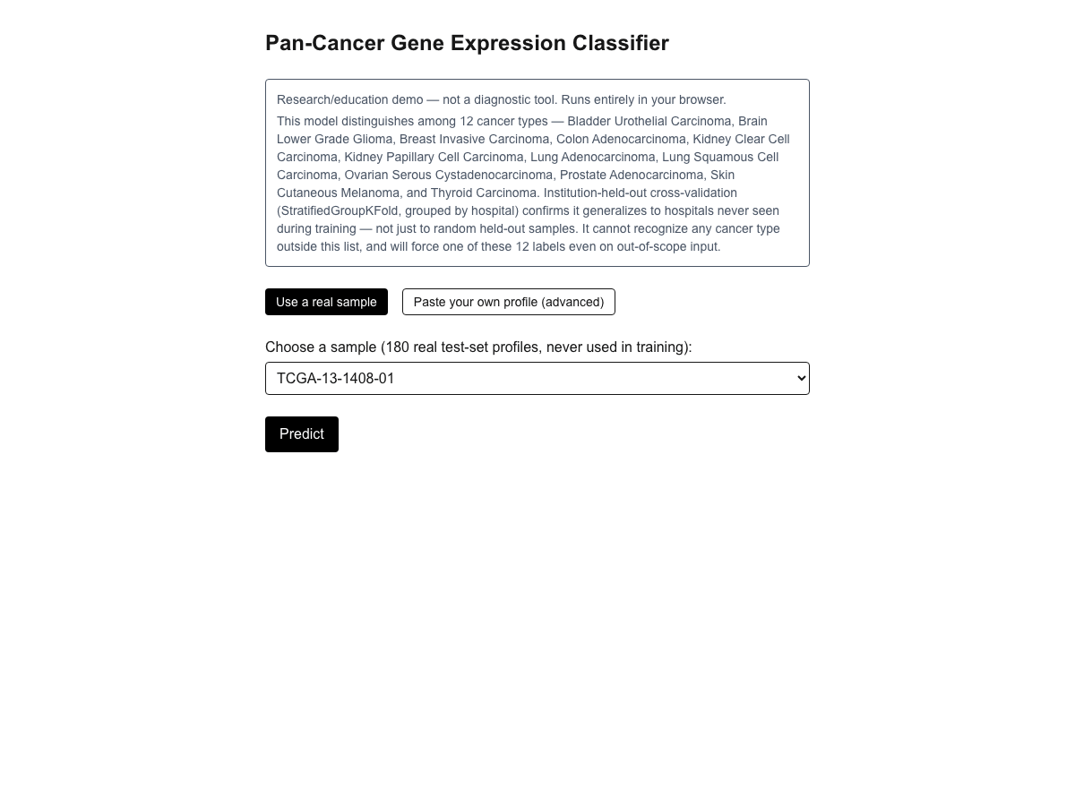 Screenshot of Pan-Cancer Gene Expression Classifier