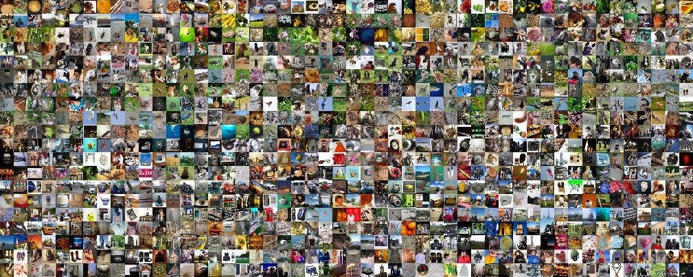 A dense mosaic of thousands of tiny photographs, representing the ImageNet dataset.
